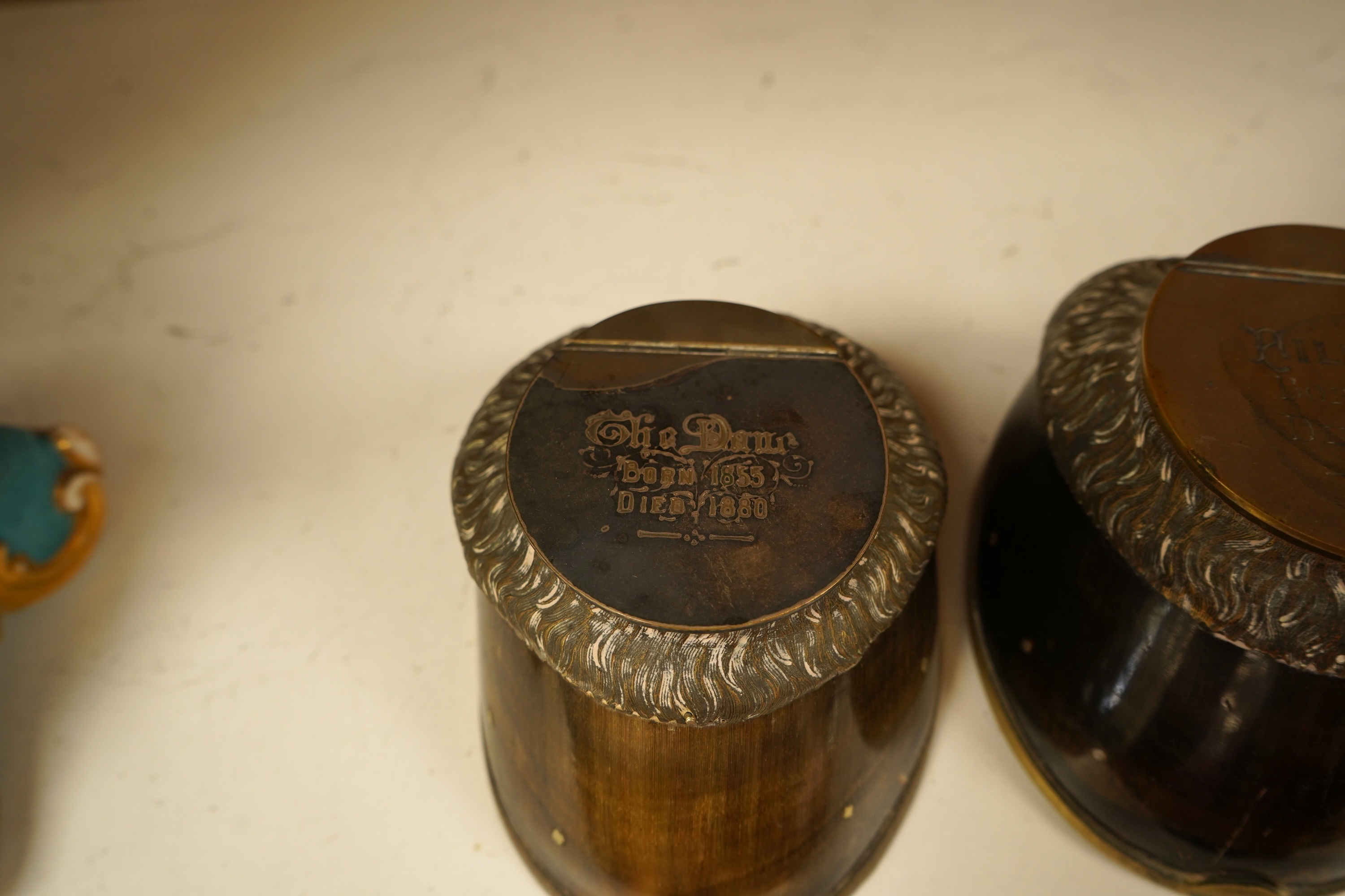 Two Victorian taxidermic horse hoof inkwells with inscriptions to the lids, 13cm wide